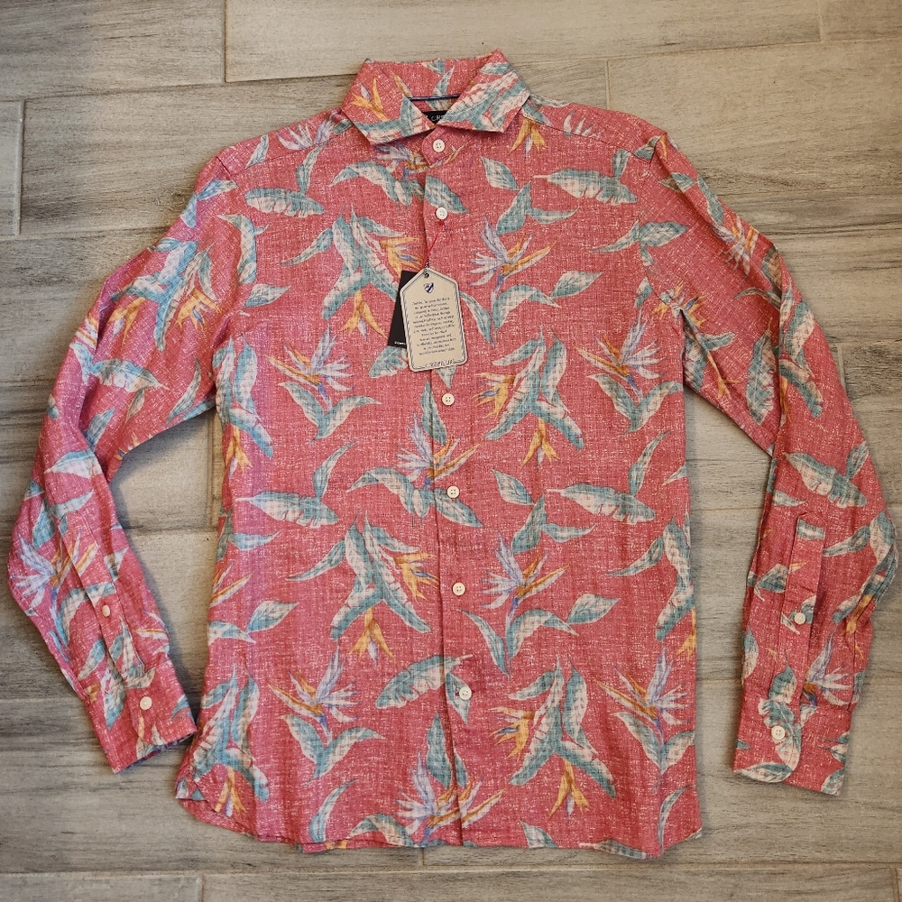 Cremieux Shirt S Red Floral 100% French Linen Button Down Long Sleeve New $80
